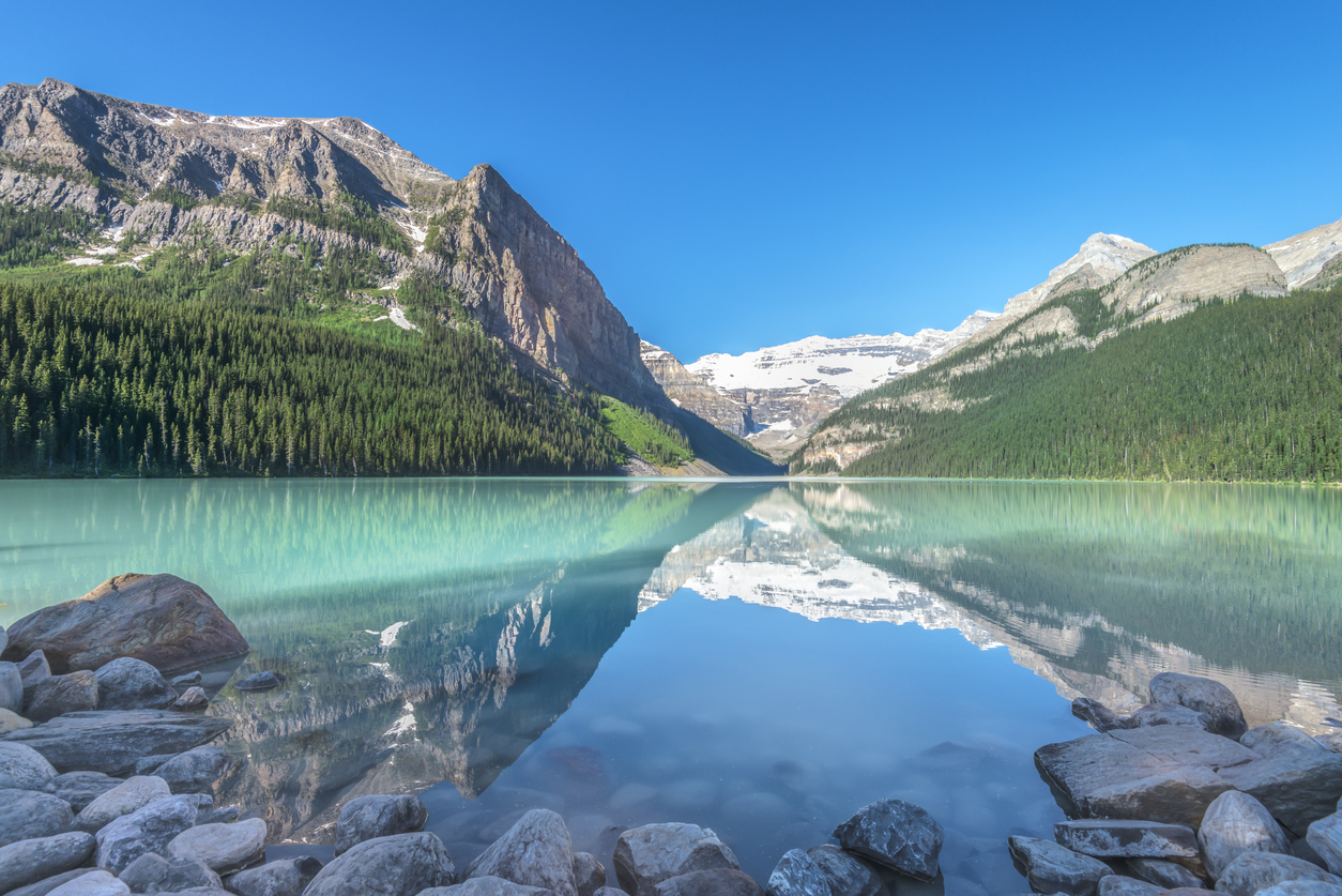 mountains reflecting in the crystal clear waters of Lake Louise