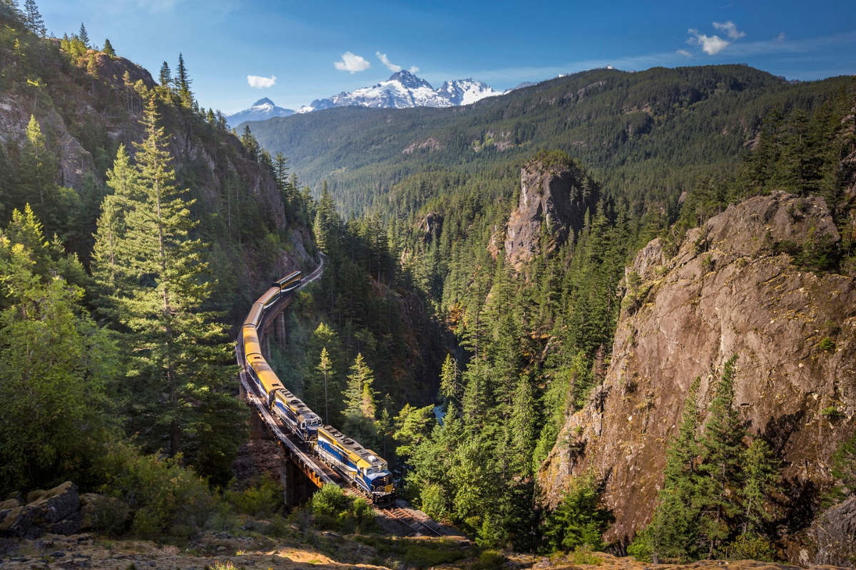 The train travels through the Rocky Mountains