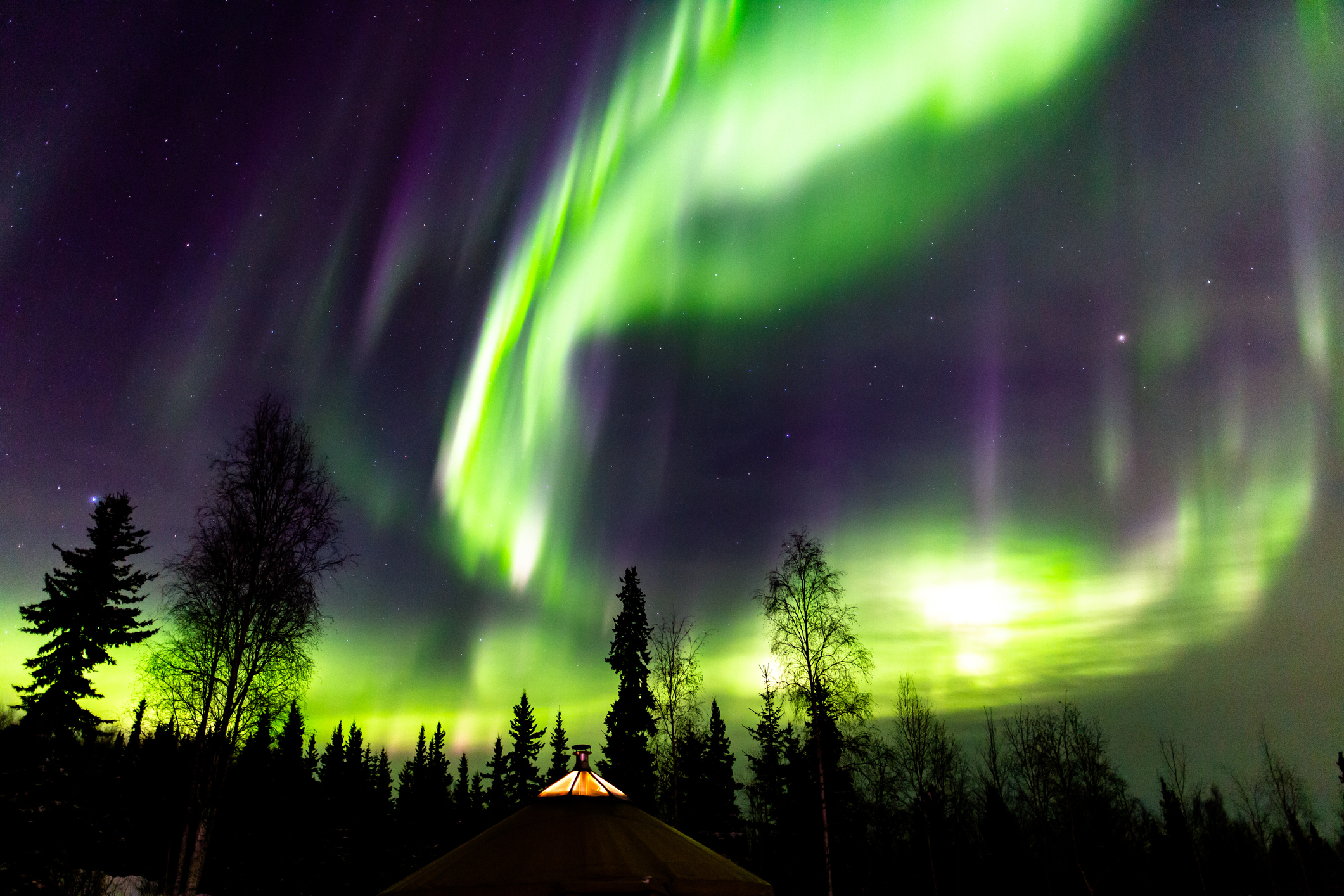 yellow tent standing beneath the green swirls of the northern lights