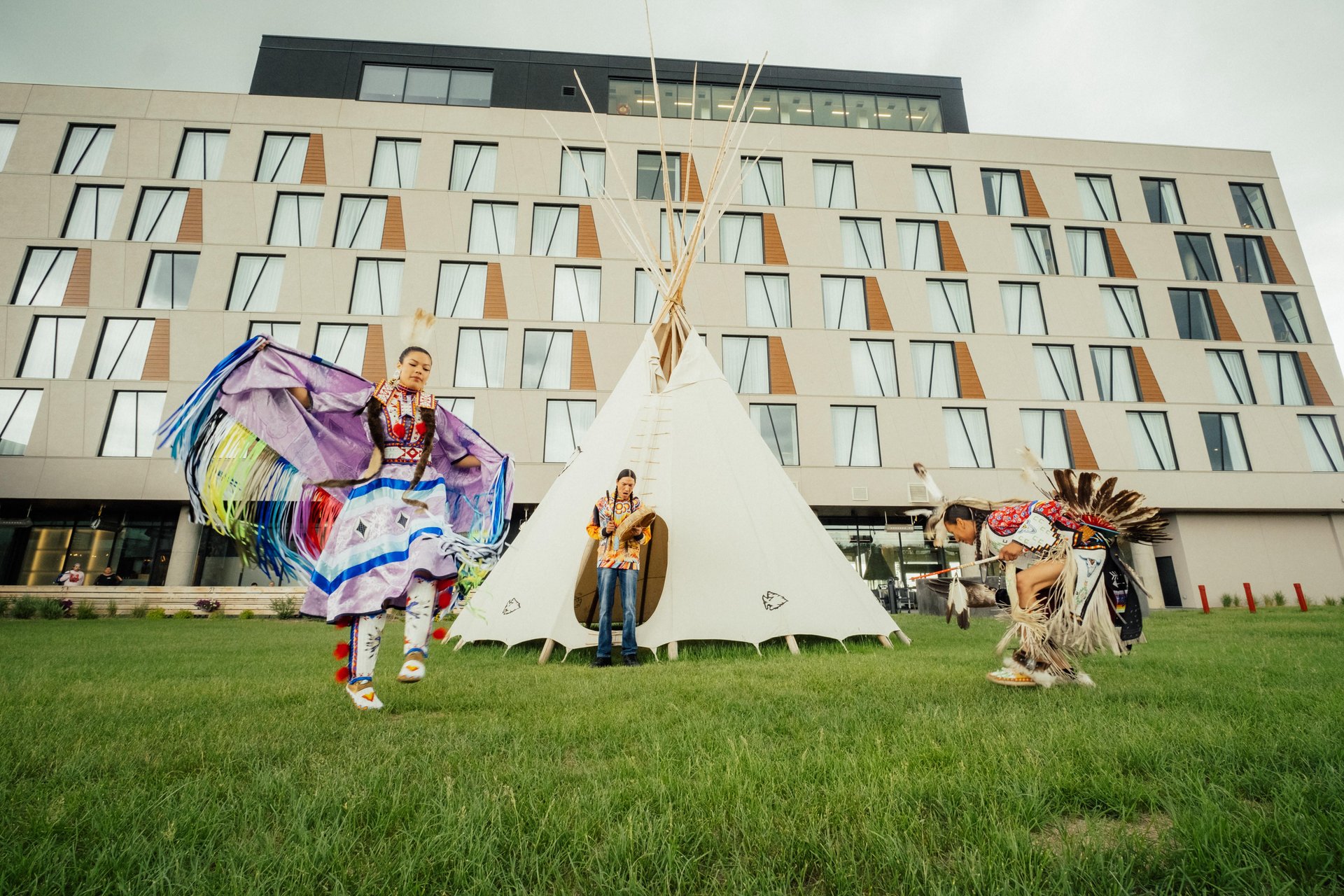 Indigenous dancers in front of Dakota Dunes Resort in Saskatchewan