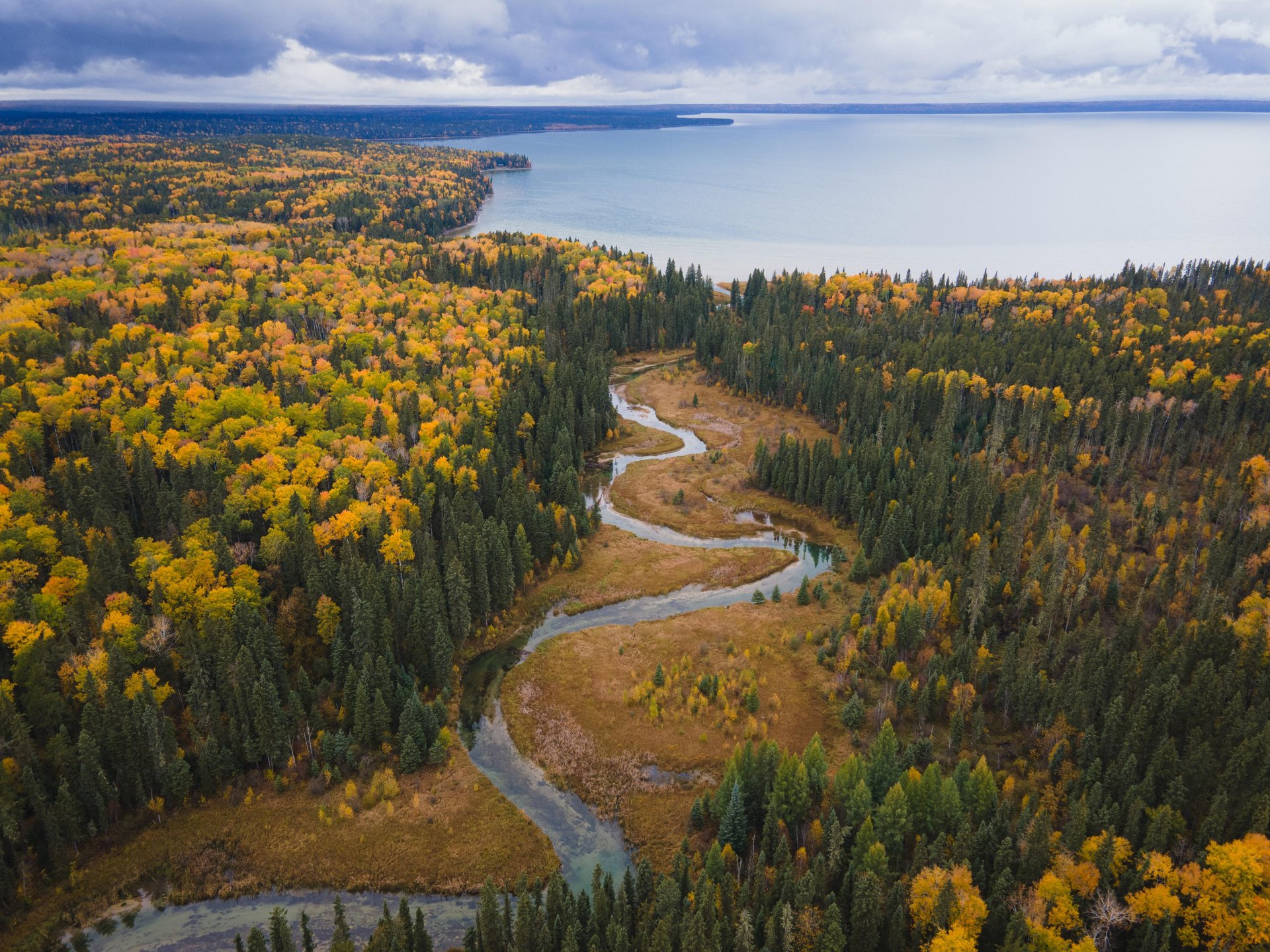 Boreal forest, river and lake in Prince Albert National Park in Saskatchewan