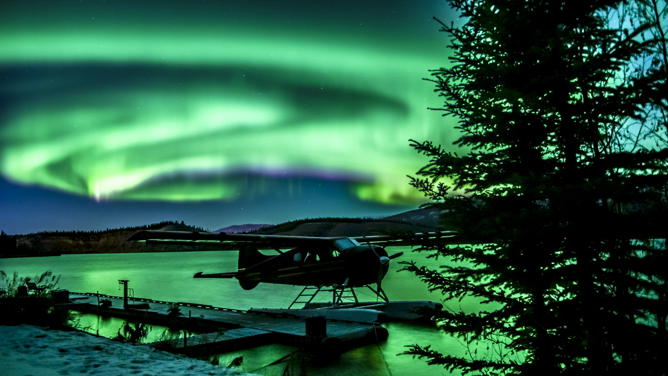Seaplane and northern lights in Yukon