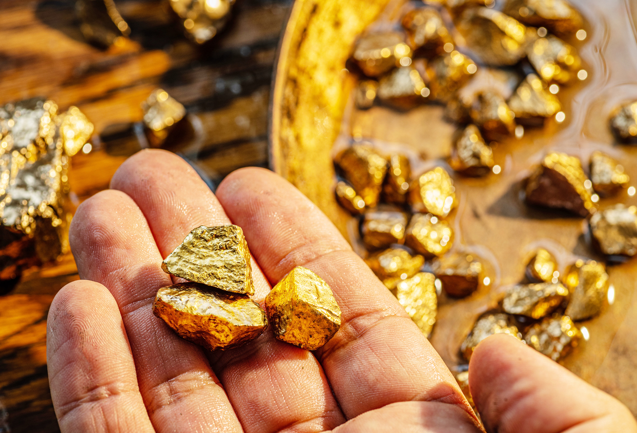 Gold nuggets on a brass plate and on a palm