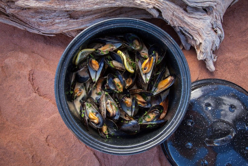 a pot of mussels sits on a sandy beach next to a log